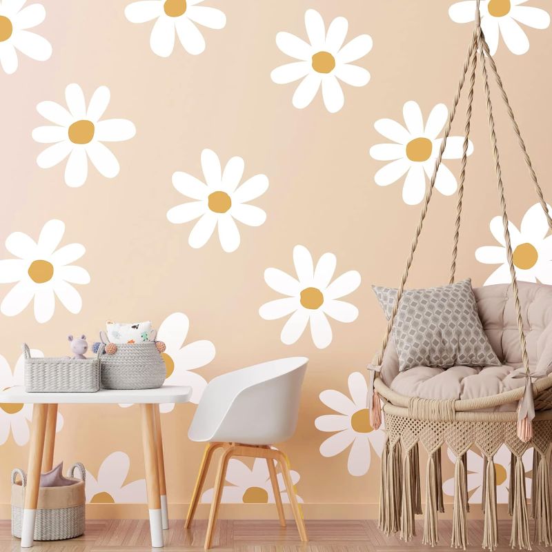 Photo 1 of 12 Sheets Daisy Wall Decals White Flower Wall Stickers Big Daisy Wall Stickers Peel and Stick Floral Stickers for Kids Girls Nursery Playroom Bedroom Living Room Wall Decor (Classic Style) 