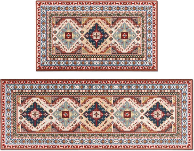 Photo 1 of 2 Piece Boho Kitchen Rugs Set, Farmhouse Bohemian Decor Washable Absorbent Non-Slip Floor Mat for Sink, Home Indoor Carpet Laundry Kitchen Dining Room 17"x47"+17"x30" Orange
