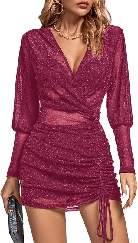 Photo 1 of  Women's Sheer Mesh Glitter Wrap V Neck Long Sleeve Ruched Drawstring Bodycon Mini Dress  XL