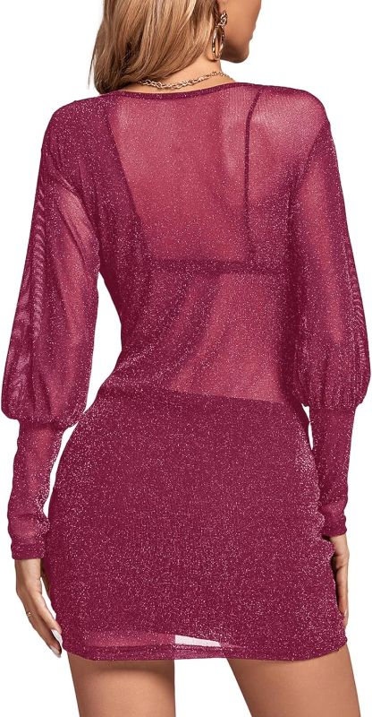 Photo 2 of  Women's Sheer Mesh Glitter Wrap V Neck Long Sleeve Ruched Drawstring Bodycon Mini Dress  XL