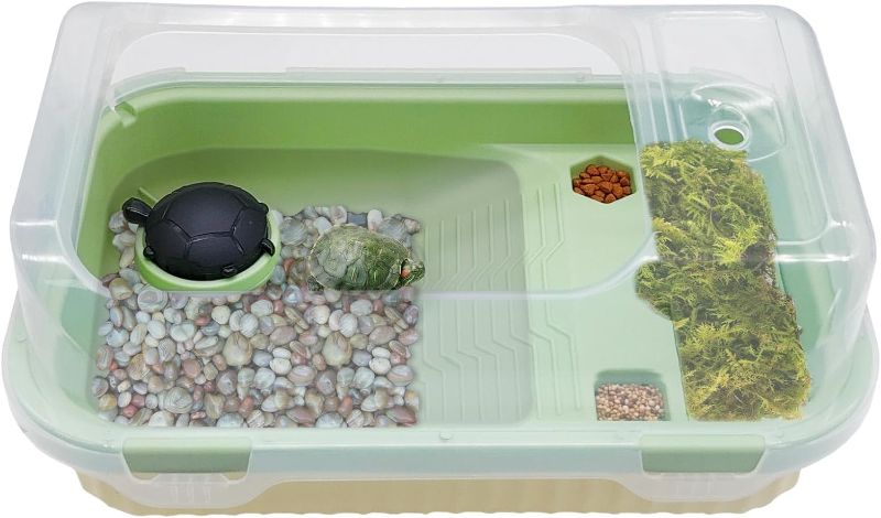 Photo 1 of  Turtle Tank Aquarium with Transparent Raised Side, Small Turtle Terrarium Plastic Reptile Feeding Box with Basking Platform Tortoise Habitat Suitable for turtles  *STOCK PHOTO*