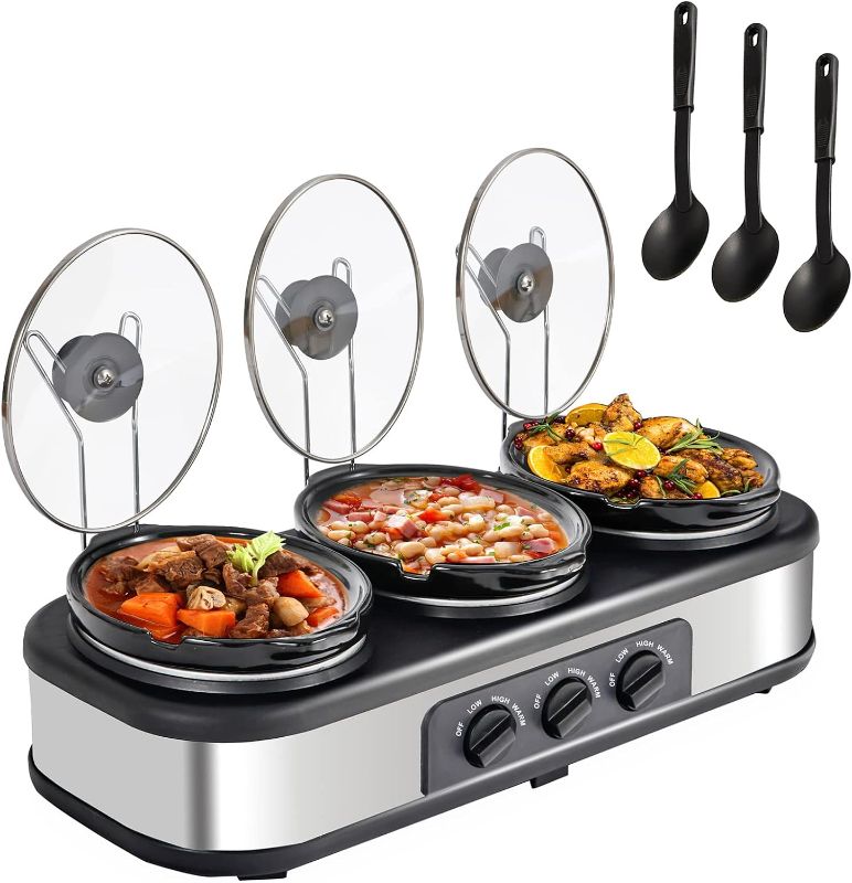 Photo 1 of Triple Slow Cooker, 3 X 1.5QT Mini Individual Pots with Adjustable Temp, Dishwasher Safe, Portable Buffet Server and Warmer, Safe Ceramic Pots & Glass Lid, Stainless Steel
