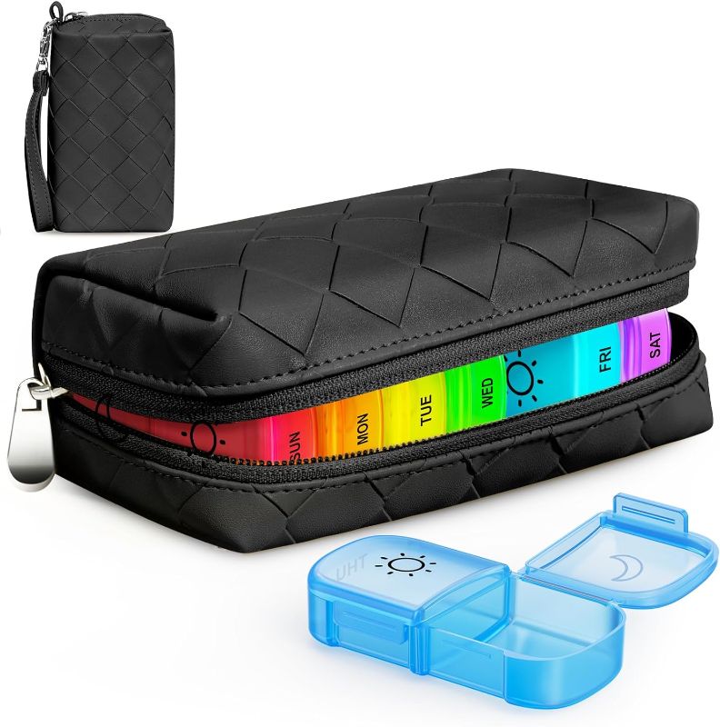 Photo 1 of  Weekly Pill Organizer 2 Times a Day with Basket Weave Bag, 7 Day AM/PM Pill Cases, Easy to Use with 180° Opening Design, BPA Free Pill Box for Vitamin, Fish Oil, Supplements, Black

