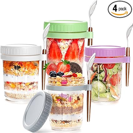 Photo 1 of 4 Pack Overnight Oats Containers with Lids And Spoon, 16 oz Glass Mason Jars For Overnight Oats, Large Capacity Overnight Oats Jars with Measure Marks Oatmeal Container for Cereal Yogurt Fruit Salad 