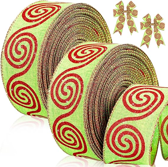 Photo 1 of 2 Rolls Christmas Ribbon Spiral Wired Dots with Stripes Wired Wrapping Colorful Fabric Ribbon Xmas Decorative Ribbons for Christmas Decor Supplies 2.5 Inch (Spiral Style,50 Yard Long) 