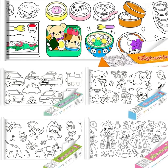 Photo 1 of 5 PCS Childrens Drawing Roll, Drawing Paper for Kids, 118×11.8 Inches Paint Art Paper Roll for Kids Easel (Animals+Dinosaurs+Transport+Princesses+Food) 