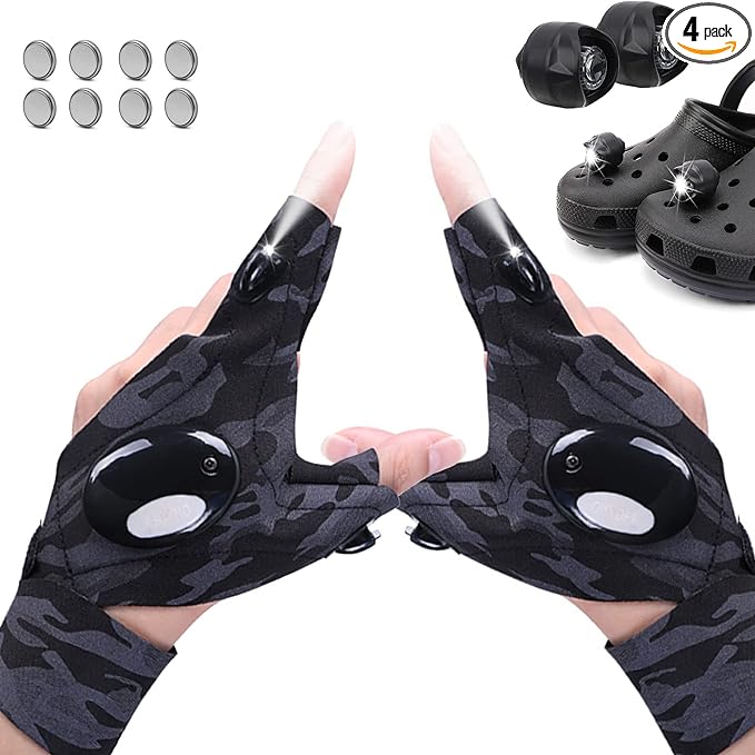 Photo 1 of 2 pcs Hands-Free Flashlight Gloves & 2pcs Headlights for Crocs, LED Waterproof Charm Attachment for Crocs - Great Gift for Indoor Repairing,Night Fishing,Running,Camping (Black & Camouflage)