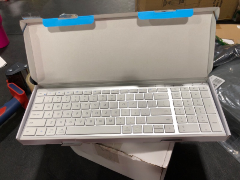 Photo 2 of iClever BK10 Bluetooth Keyboard, Multi Device Keyboard Rechargeable Bluetooth 5.1 with Number Pad Ergonomic Design Full Size Stable Connection Keyboard for iPad, iPhone, Mac, iOS, Android, Windows silver