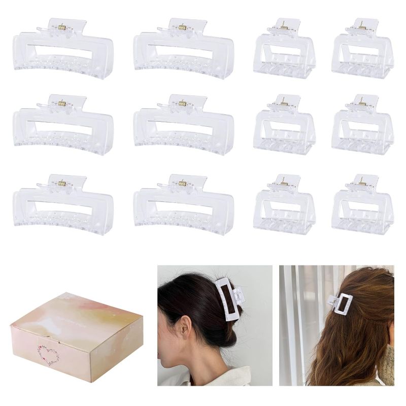 Photo 1 of 12 Pcs Rectangle Hair Clips, Hair Accessories for Women and Girls, Including 6 Pcs 4 Inch Large Claw Clips for Thick Hair and 6 Pcs 2 inch Small Hair Claw Clips for Thin Hair (Clear)