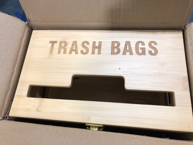 Photo 1 of Upgraded Extra Large Bamboo Trash Bag Dispenser Garbage Bag Holder Kitchen Laundry Trash Can Organizer, Compatible with Standard Trash Bag Rolls, Wall Mounted or on Countertop Extra Large / 11" x 7" x 7"