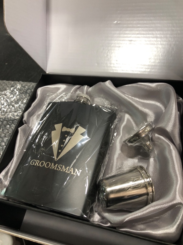 Photo 1 of 6 Pieces Groomsmen Gifts Groomsman Proposal Wedding Party Box Set:8oz Stainless Steel Tuxedo Flask with cups Poker Bottle Cap Opener Sunglass Card Sticker Groomsman Box for Wedding Bachelor Party 