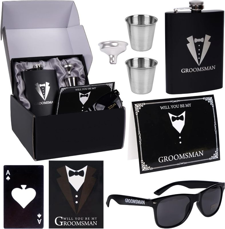 Photo 1 of 6 Pieces Groomsmen Gifts Groomsman Proposal Wedding Party Box Set:8oz Stainless Steel Tuxedo Flask with cups Poker Bottle Cap Opener Sunglass Card Sticker Groomsman Box for Wedding Bachelor Party 