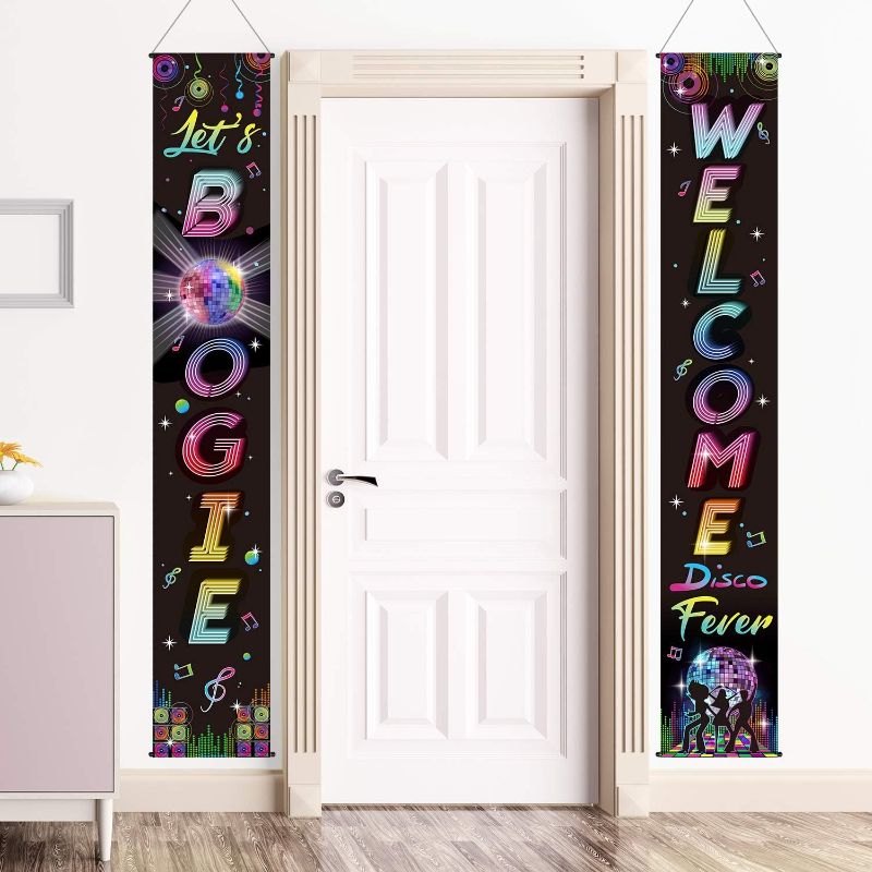 Photo 1 of 70's Party Scene Setters Wall Decorating Kit Disco Porch Sign Party Retro Banner Door Sign for 1970s Theme Party Rock Boogie Birthday Decoration (70s Disco Fever) 