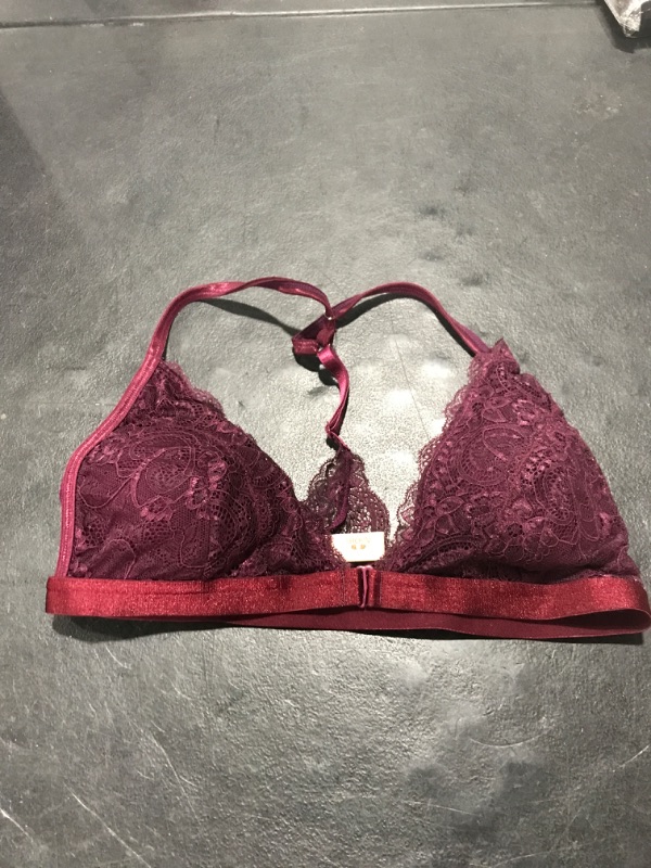 Photo 2 of LARGE SHEKINI Women's Embroidered Triangle Bra Front Closure Plunge Wireless Lightly Lined Lace Bralette Top Large Burgundy