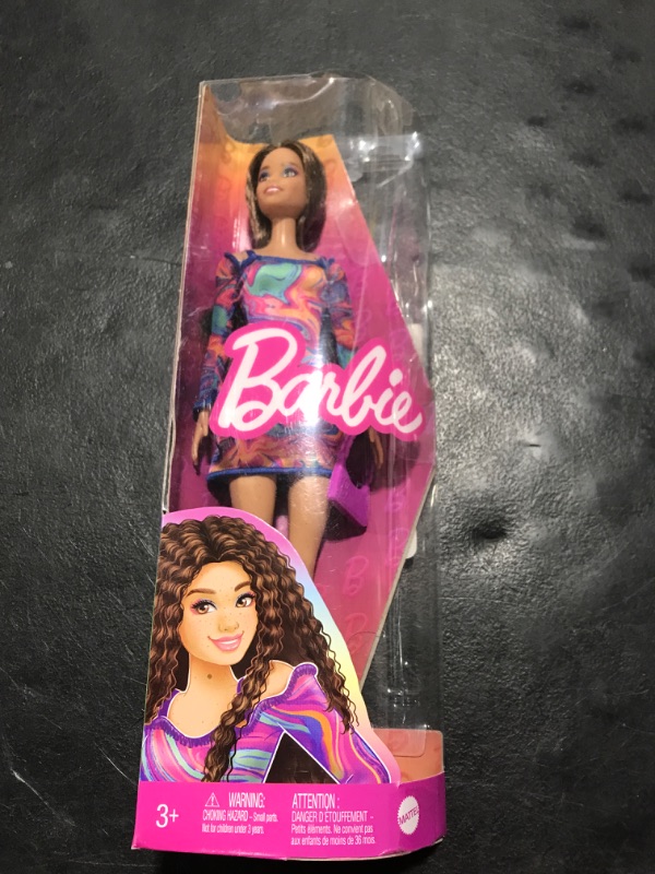 Photo 2 of Barbie Fashionistas Doll #206 with Crimped Hair and Freckles, Wearing Rainbow Marble-Print Dress with Green Mules and Purse