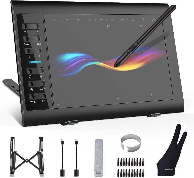 Photo 1 of XOPPOX Graphics Drawing Tablet 10 x 6 Inch Large Active Area with 8192 Levels Battery-Free Pen and 12 Hot Keys, Compatible with PC/Mac/Android OS for Painting, Design & Online Teaching Black 