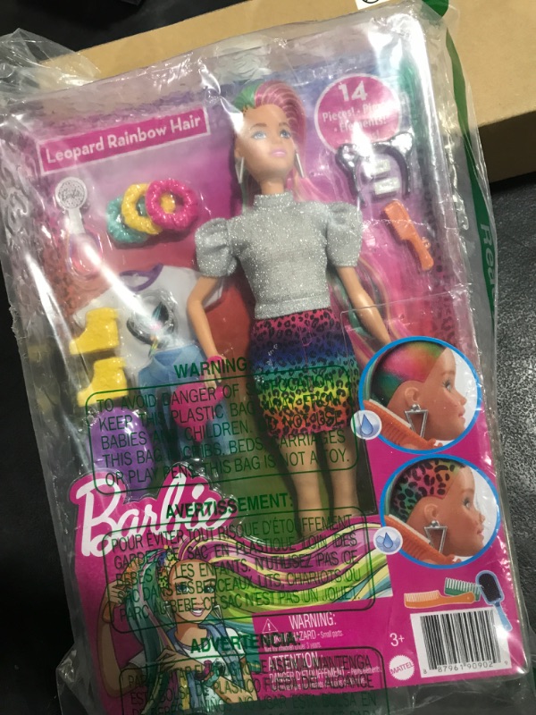 Photo 1 of Barbie Leopard Rainbow Hair Doll (Blonde) with Color-Change Hair Feature, 16 Hair & Fashion Play Accessories Including Scrunchies, Brush, Fashion Tops, Cat Ears, Cat Purse & More