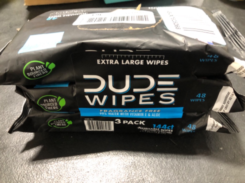 Photo 2 of DUDE Wipes Flushable Wipes Dispenser, Unscented Wet Wipes with Vitamin-E & Aloe for at-Home Use, Septic and Sewer Safe, 48 Count (Pack of 3) Fragrance Free (expires: 03.14.2026)