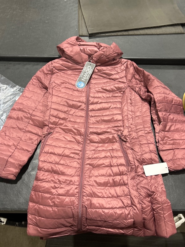 Photo 2 of 32 Degrees Women's 3/4 Ultra-Light Down Jacket| Slim Fit | Detachable Hood | Water Repellant Large Dark Rose