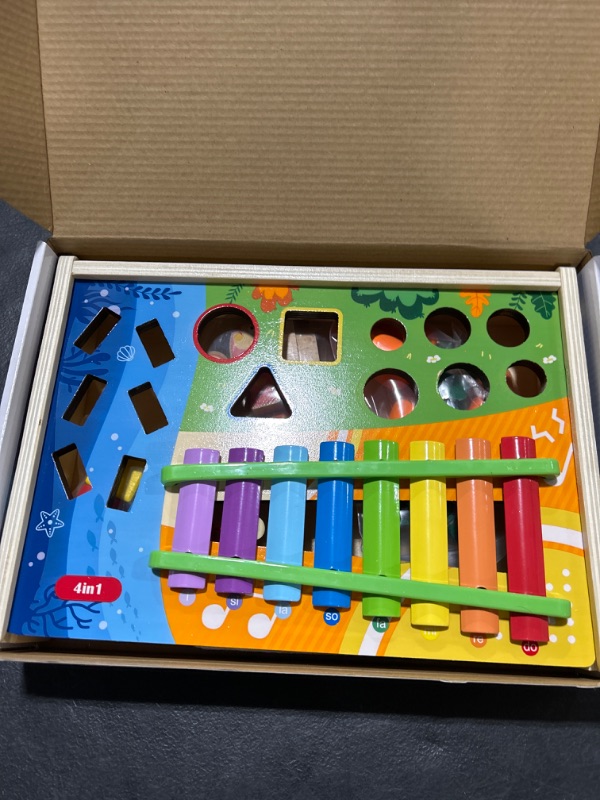 Photo 2 of 4-in-1 Toddlers Educational Learning Toys for Age 3-5 with Xylophone,Shape Sorting,Magnetic Fishing,Carrots Harvest Game Montessori Wooden Hammering Pounding Toys for Toddlers Age 3-5 Sensory Toy