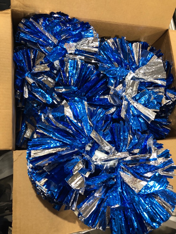 Photo 2 of 12 Pack Pom Poms Metallic Cheerleading Pom Poms with Plastic Baton Handle Cheerleader Dance Pom Cheering Squad Pompoms for Kids Girl Adults School Sports Games Dance Football Blue, Silver