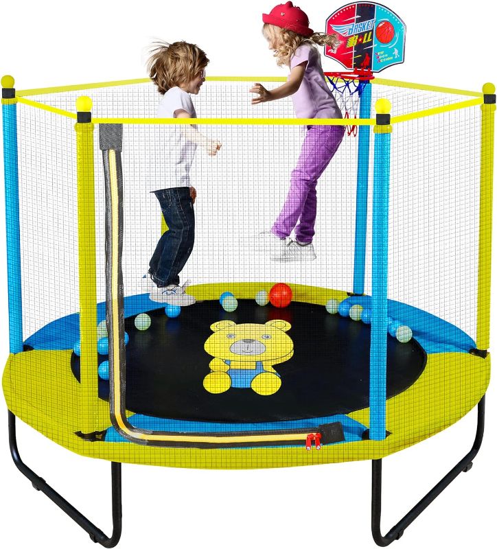 Photo 1 of 60" Trampoline for Kids, 5FT Indoor Outdoor Trampoline with Enclosure Net, Mini Baby Toddler Trampoline with Basketball Hoop, Recreational Trampolines Birthday Gifts for Children.
