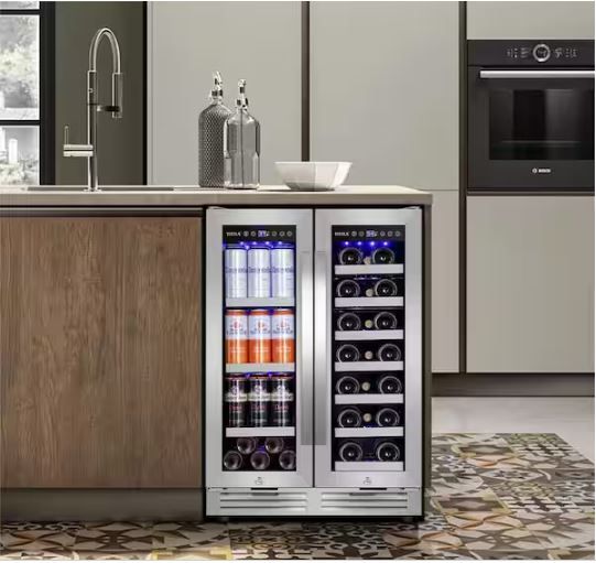 Photo 1 of 23.47 in. Dual Zone 18-Wine Bottles and 57-Cans Beverage and Wine Cooler in Silver Two Shape of Door Handles Blue LEDs
