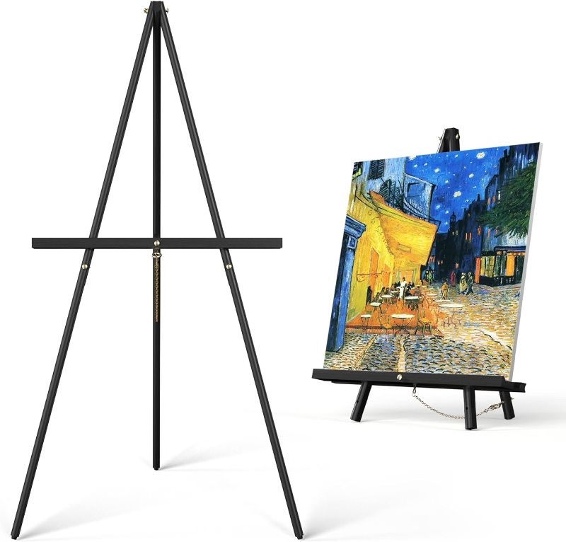 Photo 1 of  Art Easel Wooden Stand - Portable Tripod Display Artist Easel - Adjustable Floor Wood Poster Stand for Wedding, Painting, Drawing, Display Show, Black