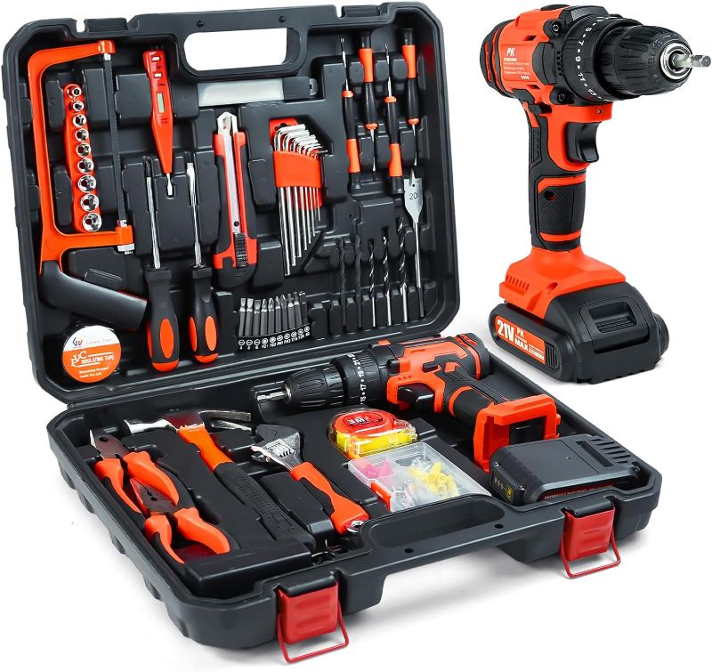 Photo 1 of 108 Pcs Cordless Drill Set, 531in-lbs MAX 21V Electric Power Drill Driver Kits, 3/8''Keyless Chuck 2 Variable Speed Drill with Faster Charger Hammer LED Light Tool Box Set for Home Repair Tool Kit 