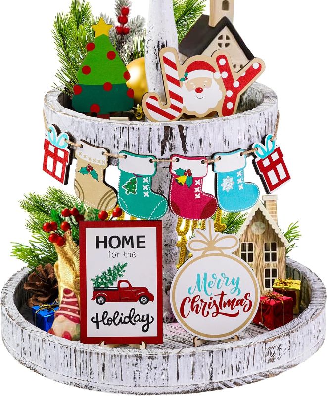 Photo 1 of 15 PCS Christmas Tiered Tray Decor,Christmas Table Sign Decor with String Merry Christmas Christmas Stocking Wooden Signs for Christmas Party Home Office Table Decorations,Tray Not Included (Red) 