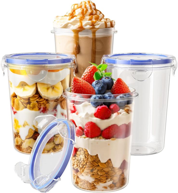 Photo 1 of 4 Pack Overnight Oats Containers with Lids, Oatmeal Container, 16oz Leak Proof Oats Jars, BPA Free, Reusable, Portable Plastic Food Storage Container for Oatmeal, Yogurt, Soup, Cereal, Milk and More 
