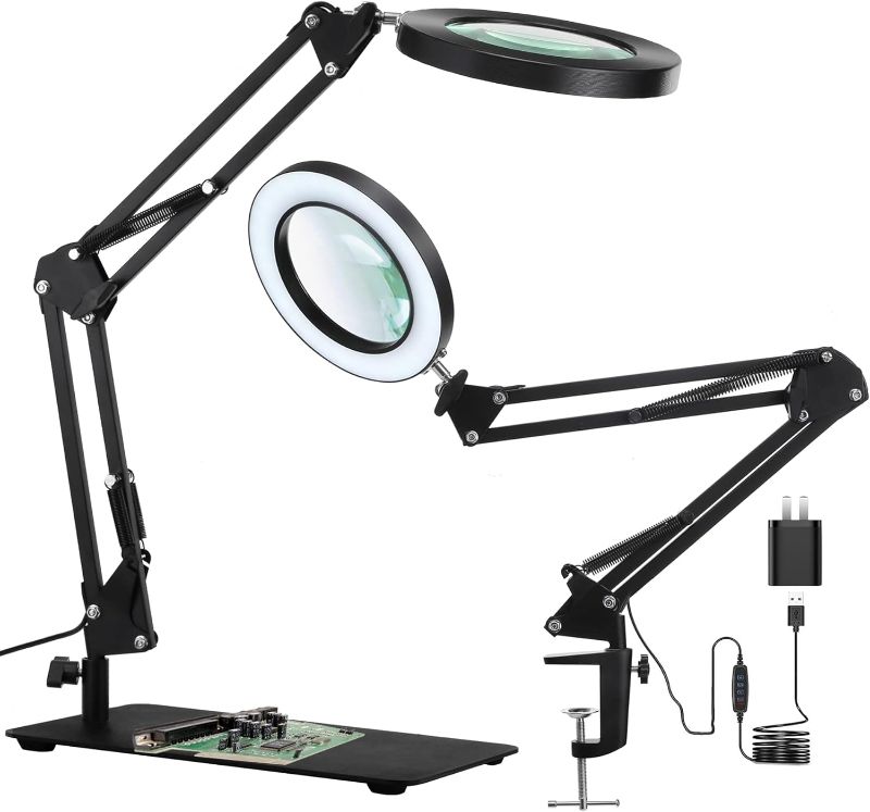 Photo 1 of 10X Magnifying Glass with Light and Stand, KIRKAS 2-in-1 Stepless Dimmable and 3 Color Modes LED Magnifying Lamp, Real Glass Lens Magnifier Desk Lamp & Clamp for Reading, Repair, Hobby, Close Work 
