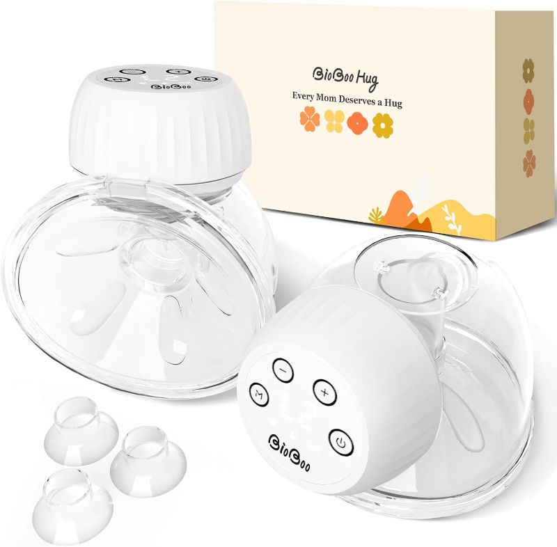 Photo 1 of BIOBOO Wearable Breast Pump 337U and 116U (White) Limited-time deal: BIOBOO Hug Spa-Level Breast Pump Hands Free, Including Replacement Accessories, Hands Free Breast Pump, Double-Sealed Flower Flange - 24mm, 2 Pack 