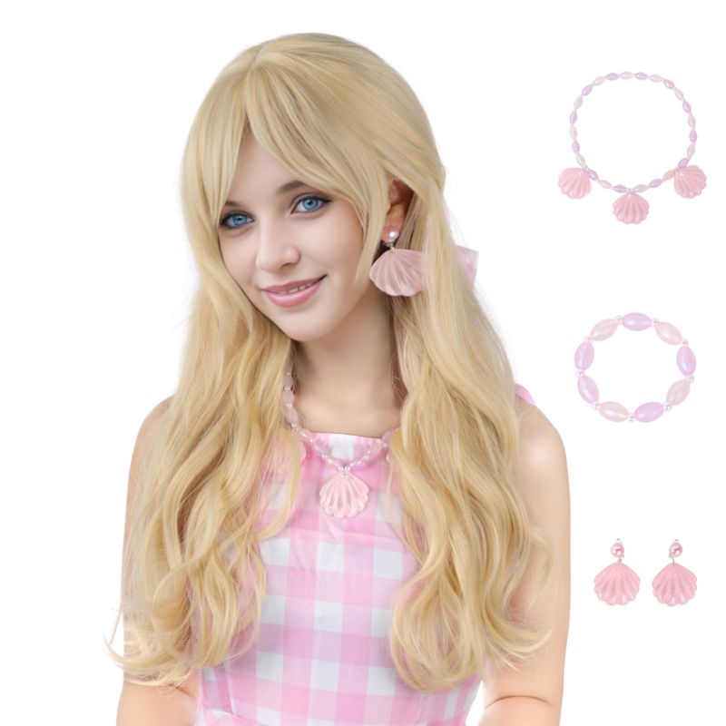 Photo 1 of MUPUL Blonde Barbi Wigs for Women Blond Barbe Wig Long Hair Wig with Bangs Natural Cute Synthetic Long Body Wave Wigs for Costume Party (Blonde/wave-1) Blonde/ wave-1