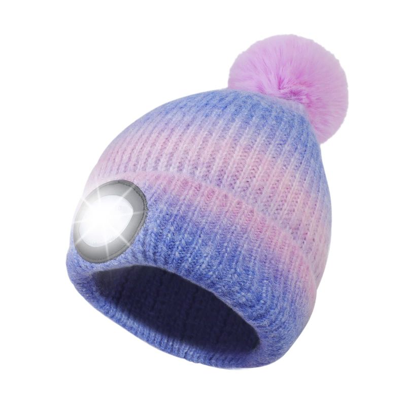 Photo 1 of Lutoris LED Headlight Beanie,USB Rechargeable Adjustable Brightness Head Light,Knitted Beanie Cap Flashlight Hat Has a Removable Pom-pom, for Women Her Wife Stocking Stuffers(Blue&Pink)