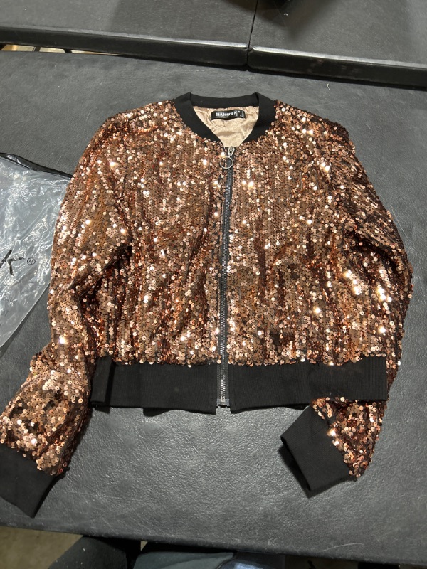 Photo 2 of Allegra K Women's Sequin Jacket Long Sleeve Zipper Up Party Glitter Shimmering Bomber Sparkly Jackets Small Gold