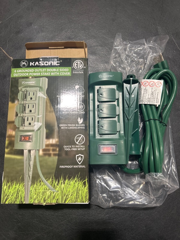 Photo 2 of K KASONIC Outdoor Power Stake, Kasonic 6-Outlet 9 ft Extension Cord Power Strip, Double Sided with Weatherproof Safety Flip Covers, ETL Certified Multi-Outlets (Outdoor) Green Outdoor Power Stake