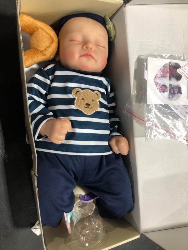 Photo 2 of JIZHI Lifelike Reborn Baby Dolls - 3-6 Months Baby Length Realistic-Newborn Baby Dolls Boy Baby Soft Body Real Life Baby Dolls with Blue Pajamas Feeding Kit for Kids 3+ & Collection1 Hand Painted