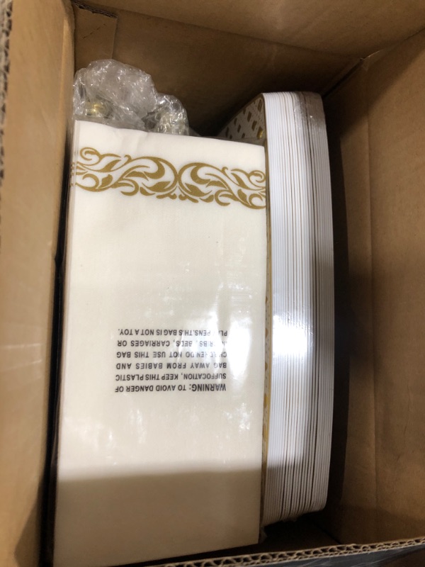 Photo 2 of 175 Piece Gold Dinnerware Set 25 Guest-50 Diamond Square Plastic Plates-25 Gold Plastic Silverware-25 Gold Plastic Cups-25 Gold Paper Napkins, FOCUSLINE Disposable Dinnerware Set Gold Diamond Rim Plates