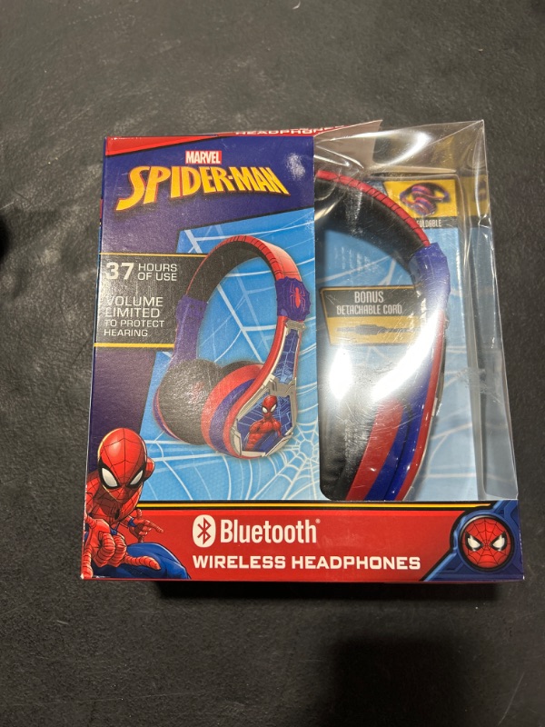 Photo 2 of eKids Spiderman Wireless Bluetooth Portable Headphones with Microphone, Volume Reduced to Protect Hearing Rechargeable Battery, Adjustable Kids Headband for School Home or Travel