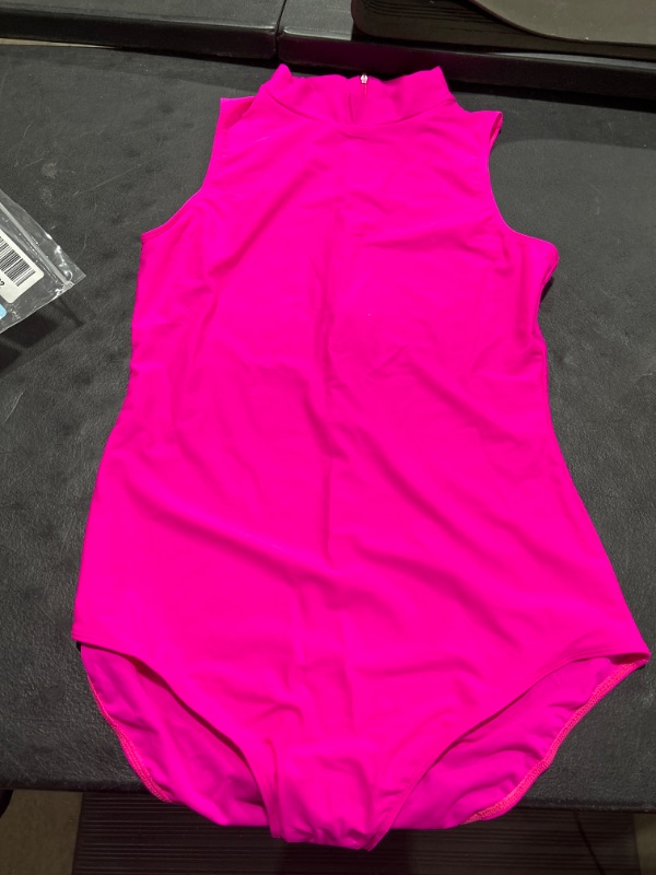 Photo 2 of speerise Women Mock Neck Sleeveless Leotard Spandex Dance Bodysuit XX-Large Hot Pink