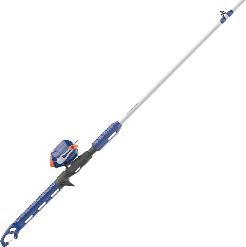 Photo 1 of Zebco Wilder Fishing Reel and Rod Combo, 4'3" Durable Fiberglass Rod with Built-In Carabiner, Patented No-Tangle Reel, Pre-Spooled with 6-Pound Zebco Cajun Fishing Line, Blue/Orange
