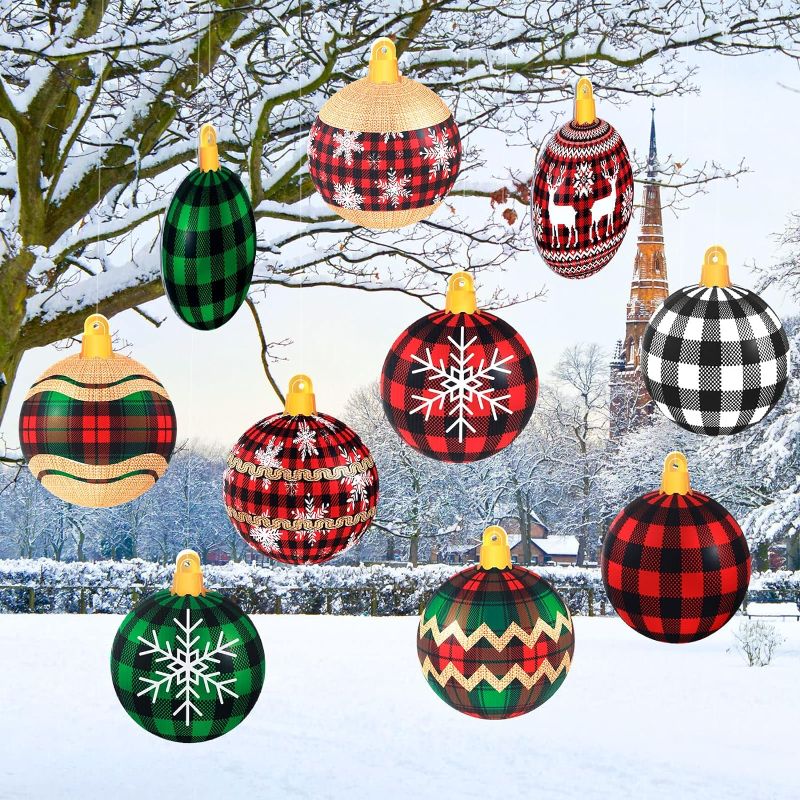 Photo 1 of 10 Pieces Large Size 7" Round Christmas Ornament Christmas Hanging Decorations for Xmas Tree Outdoor Yard Lawn Porch Waterproof with 328 Feet Silver Cord (Plaid Style)
