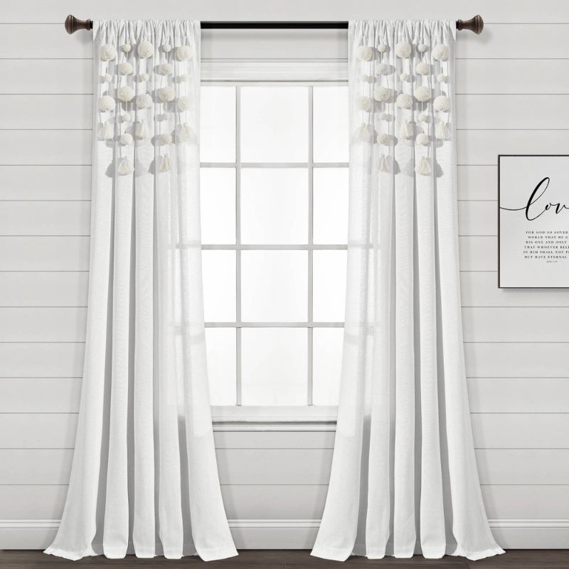 Photo 1 of 95"x52" Boho Pom Pom Tassel Linen Window Curtain Panel Off White - Lush Décor
