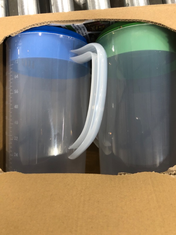 Photo 2 of 2 set 0.63 Gallon/2.4 Litre Plastic Pitcher with Lid BPA-FREE Eco-Friendly Carafes Mix Drinks Water Jug for Hot/Cold Lemonade Juice Beverage Jar Ice Tea Kettle (Cyan and Green, 81oz) 81oz Cyan and Green