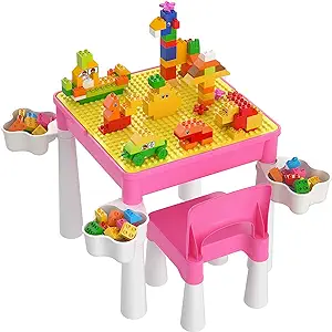 Photo 1 of burgkidz Kids 5-in-1 Multi Activity Table Set - Building Block Table with Storage - Play Table Includes 1 Chair and 130 Pieces Compatible Large Bricks Building Blocks for Ages 2 and Up (Pink)