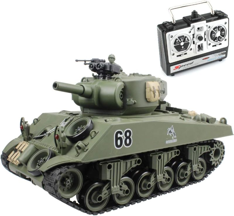 Photo 1 of fisca Remote Control Tank, 2.4Ghz 15 Channel 1/20 Sherman M4A3 Main Battle RC Tank That Shoot Airsoft for Kids Age 10 11 12 - 16 Year Old