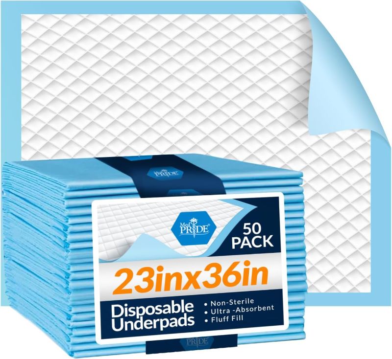 Photo 1 of Medpride Disposable Underpads 23'' X 36'' (50-Count) Incontinence Pads, Chux, Bed Covers, Puppy Training | Thick, Super Absorbent Protection for Kids, Adults, Elderly | Liquid, Urine, Accidents