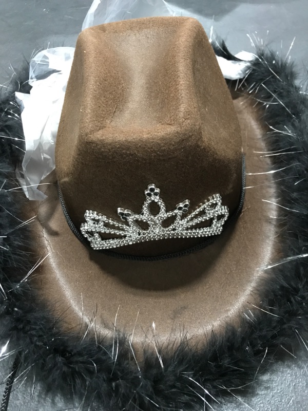 Photo 2 of Cowgirl Hat with Feather Trim - Blinking Tiara Cowboy Hats for Women - Felt Hats for Women for Cowboy Party, Cowgirl Party (Brown)