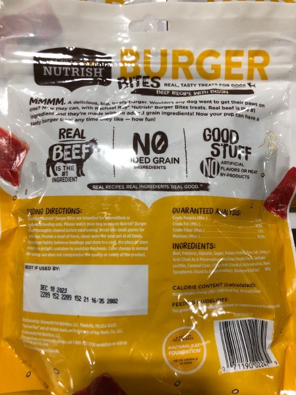 Photo 4 of Rachael Ray Nutrish Burger Bites Dog Treats Beef Burger with Bison Recipe 12oz
EXPIRE DEC 18 2023 PACK OF 5